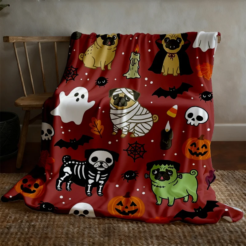 Cute Halloween Pug Pirate Vampire Mummy Printed Flannel Blanket Warm Soft Cozy Throw Blanket Couch Bed Decor