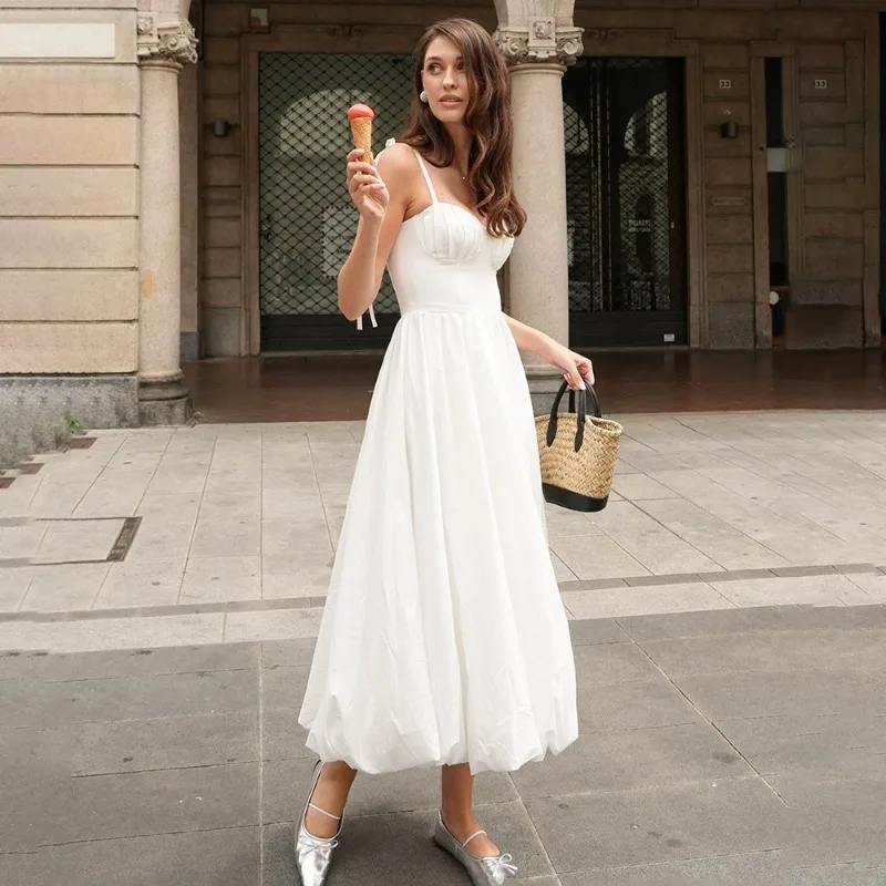 

Talenza White Spaghetti Strap Dress Fashion Sleeveless Lace Up Large Hem Casual Resort Dress Elegant Luxury Women Evening Dress