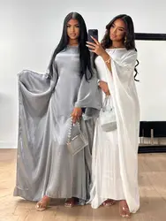 Ramadan Eid Zomer Satijn Batwing Abaya Dubai Vrouwen Islam Moslim Maxi Kaftan Jurken Kebaya Caftan Marocain Robe Femme Musulmane