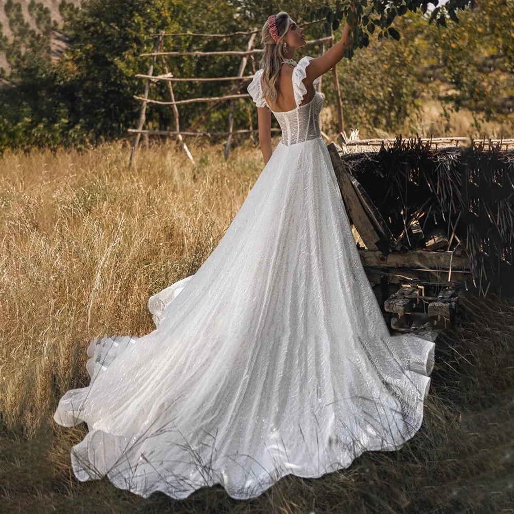 

Glitter Princess Flare Sleeve A-line Wedding Dress For Women Sweetheart Backless Bridal Gown Sleeveless Lace Boho Bride Robes