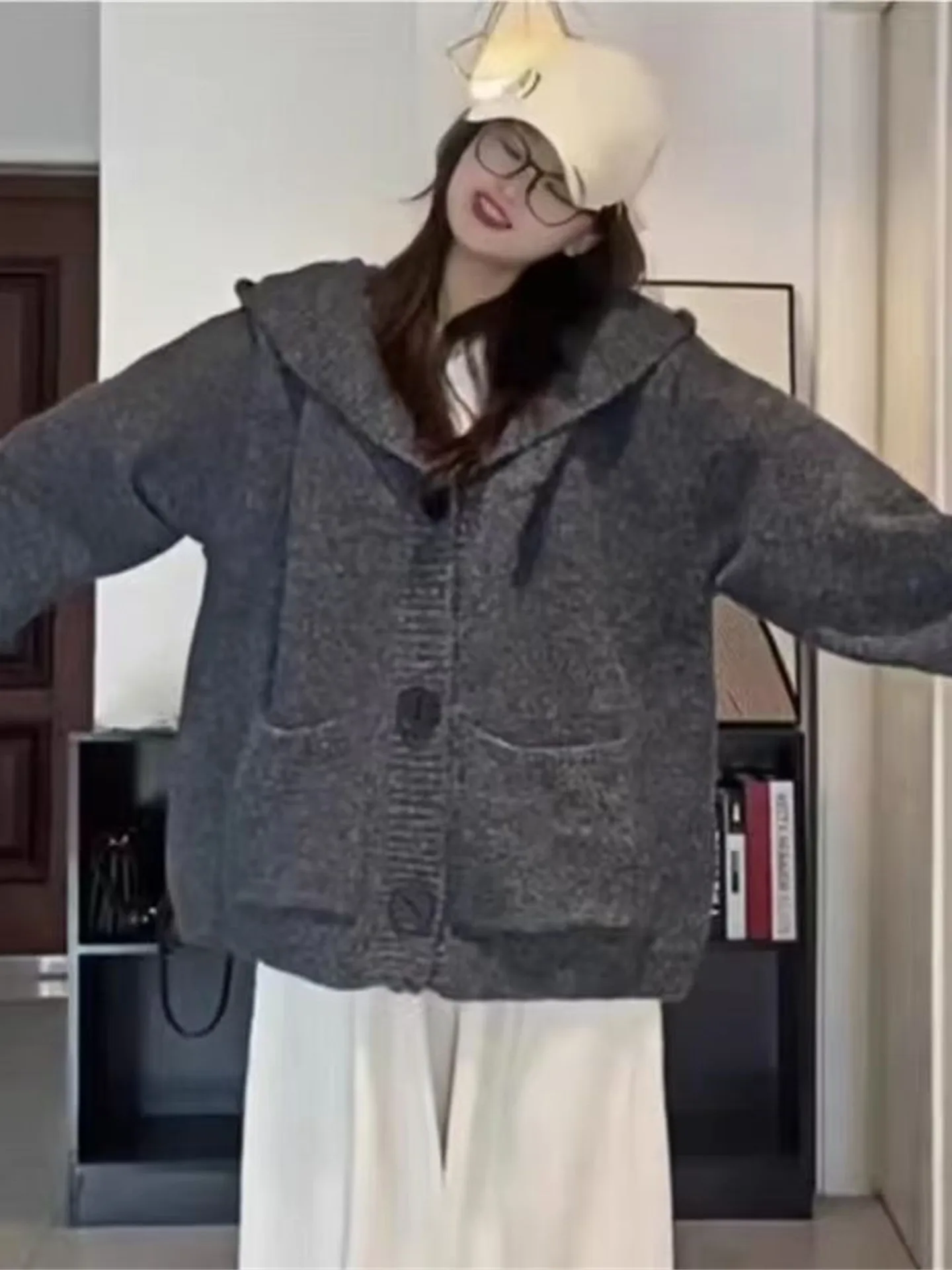 

American Retro Lazy Style Soft Knitted Hat Coat Mixed Fiber Autumn Winter New Fashion Slim Fit Cardigan Korean Style Outerwear