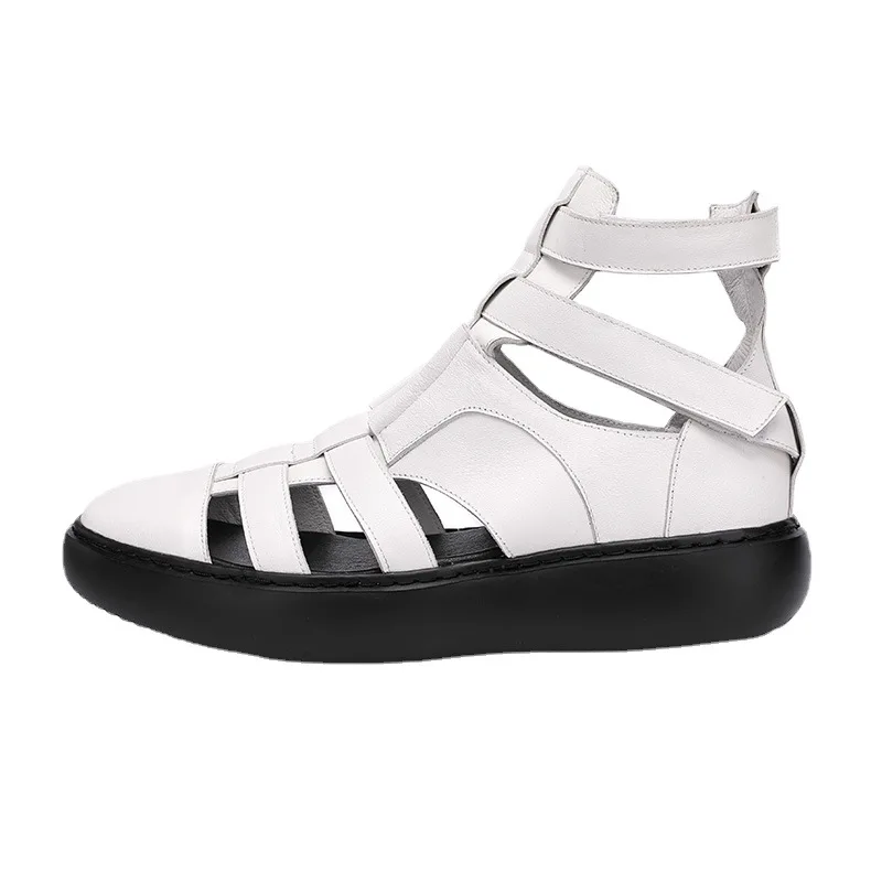 Zomer Mannen Muffin Dikke Zolen Wees Teen Lederen Sandalen Klassieke Zwarte Koeienhuid Cool Jongen Straat Smalle Band Strap Casual schoenen