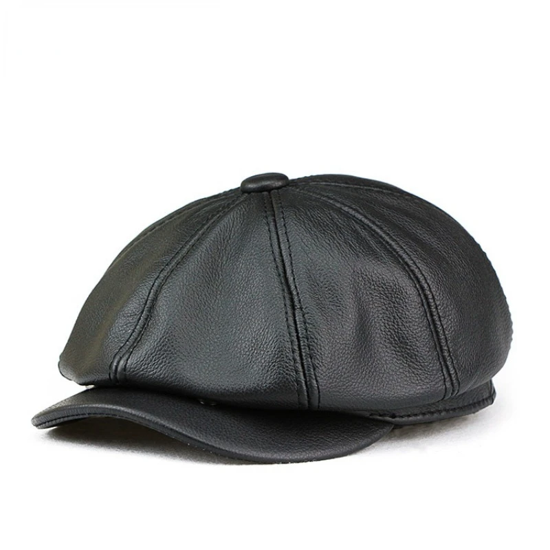 Men\'s Genuine Leather Octagonal Cap Winter Vintage Newsboy Hat Male Warm Artist Cotton Octagonal Cap British Cowhide Cap Women