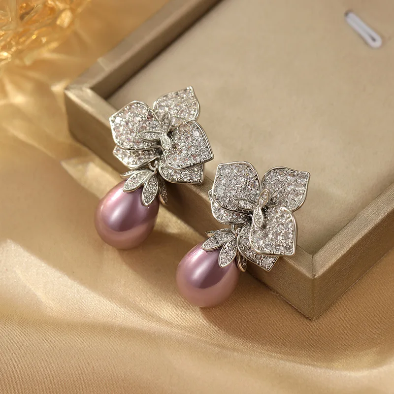 European and American Luxury Heavy Industry Fashion Zircon Micro Inlaid Petal Droplet Shaped Pearl S925 Silver Needle Earrings