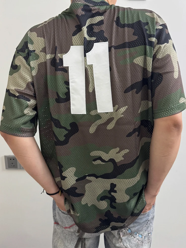 25fw S Logo Baseball Henley Mesh Hollow out Short Sleeve T-Shirt Breathable Sweat Absorbent Casual Style Polyester Fiber
