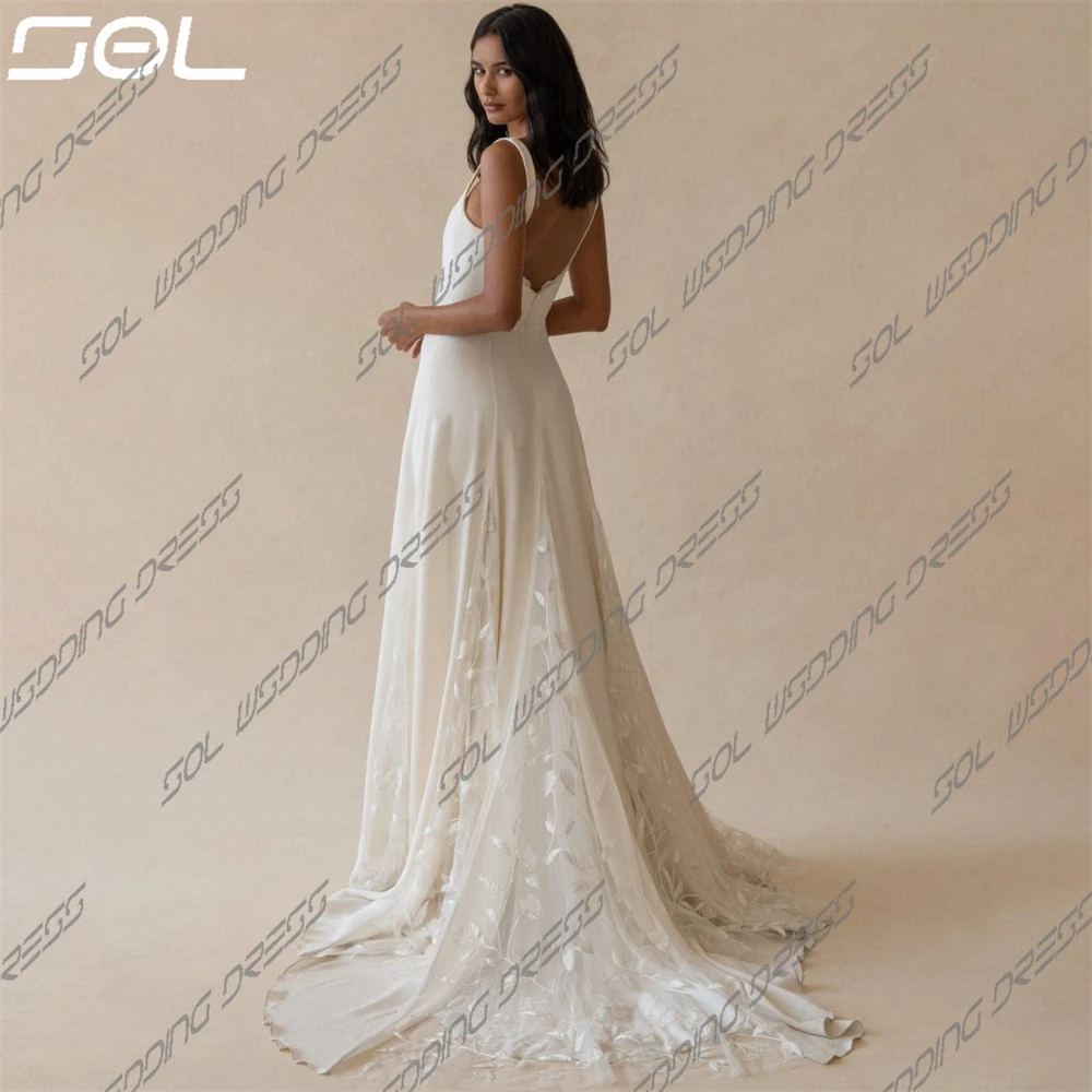 Sol Boho quadratischen Kragen Applikationen Spaghetti träger Satin Brautkleid rücken freie A-Linie Ballkleider Sweep Zug Vestido de Novia