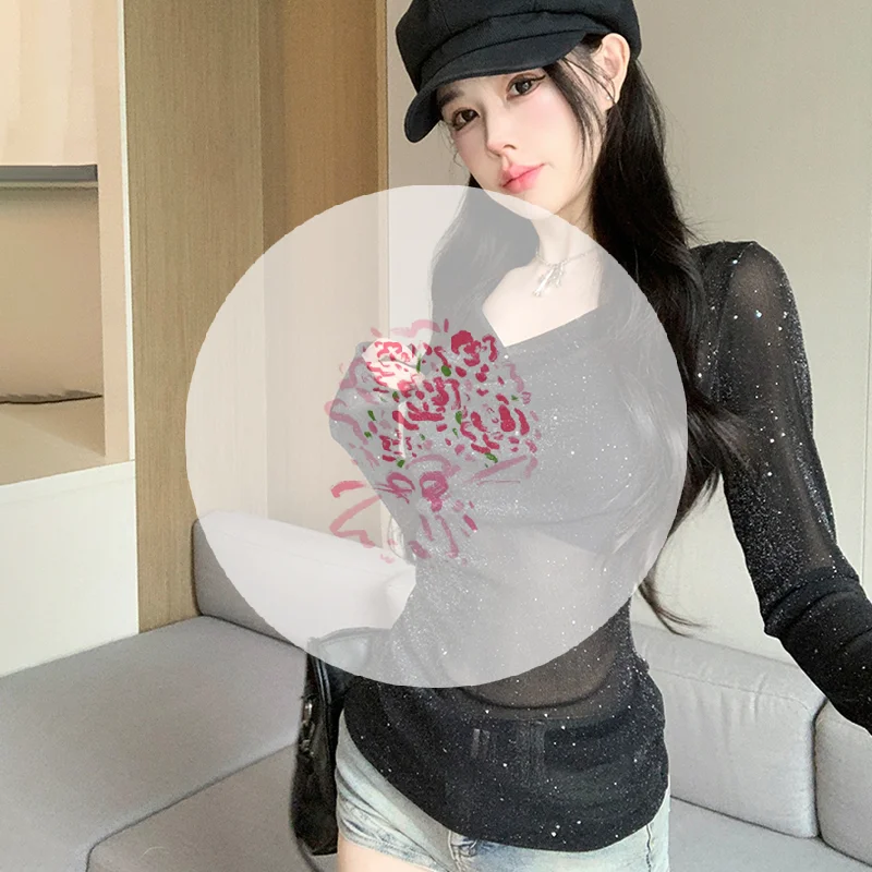 Jesienna Nowa Amerykańska Koszulka z Dekoltem w Serek, Lekko Prześwitująca Siateczkowa Bluzka z Długim Rękawem dla Kobiet