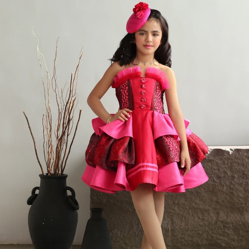 Flower Girl Dresses Red Satin Puffy Tiered With Drawstring Sleeveless For Wedding Birthday Party Banquet Occasion Gowns