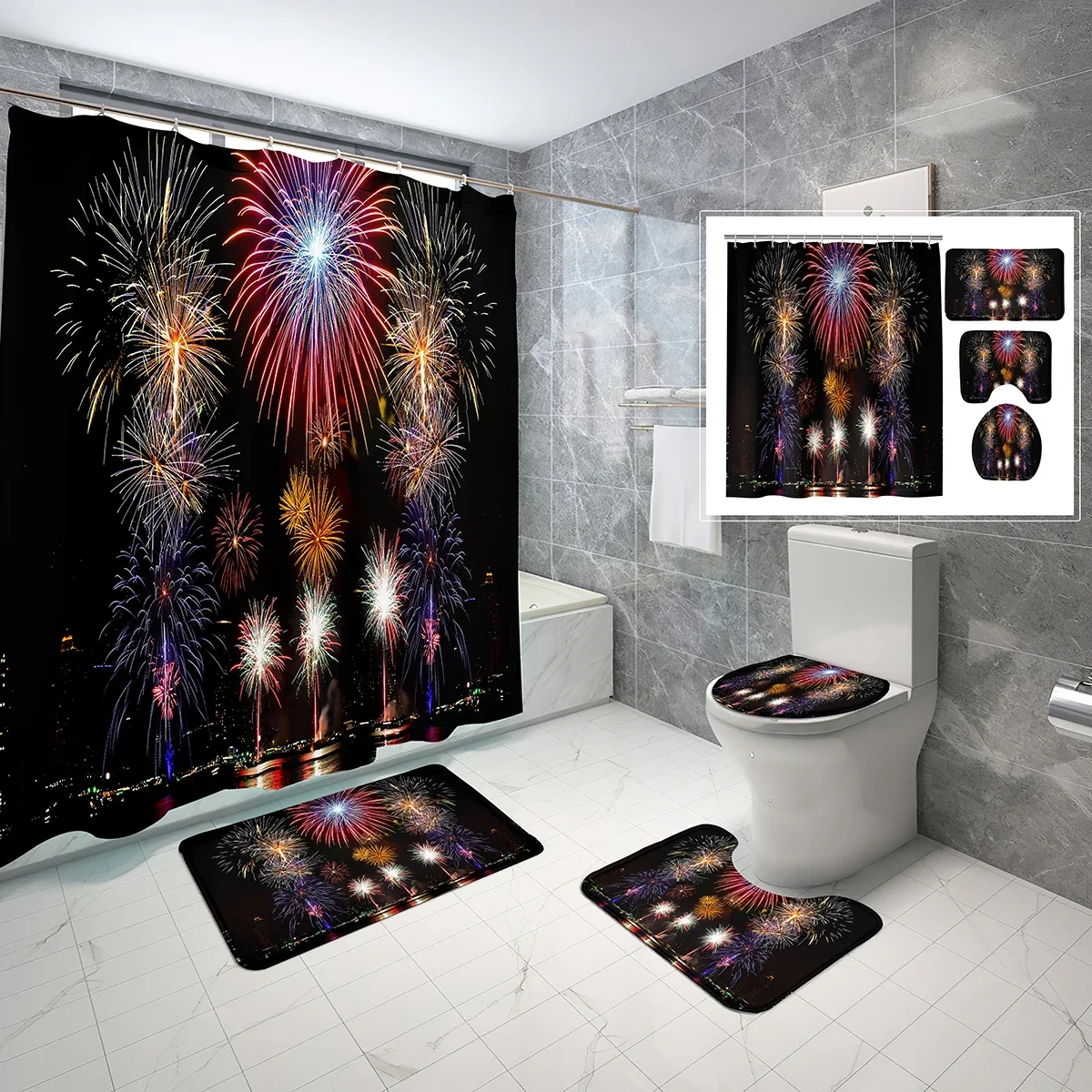 Fireworks Shower Curtain Set 4 PCS Night View Fireworks Bathroom Non-Slip Bath Mat Waterproof Shower Curtain Toilet Cover Set