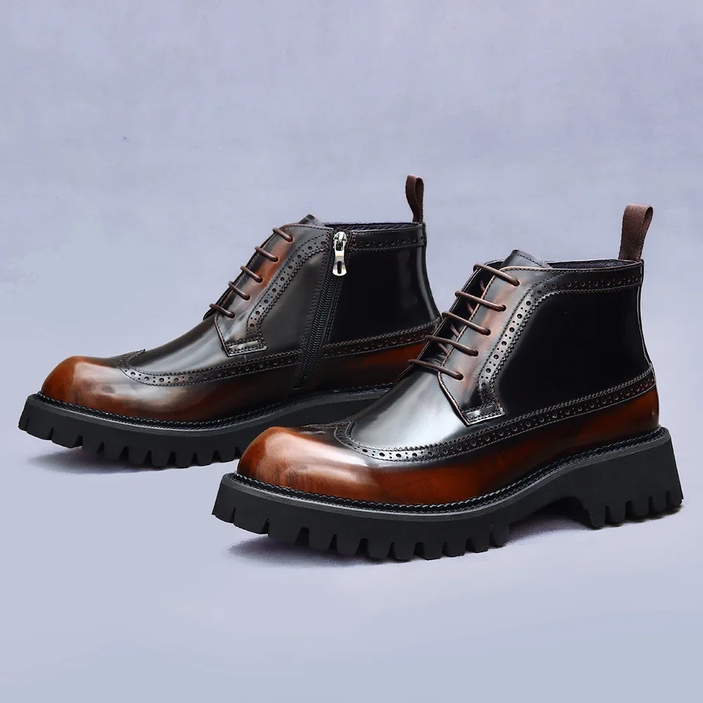 Thick Soled, Mid Top Workwear, Men's Shoes, Casual Paint, British Style, Trendy Blok Leather Boots, Men's Leather Boots