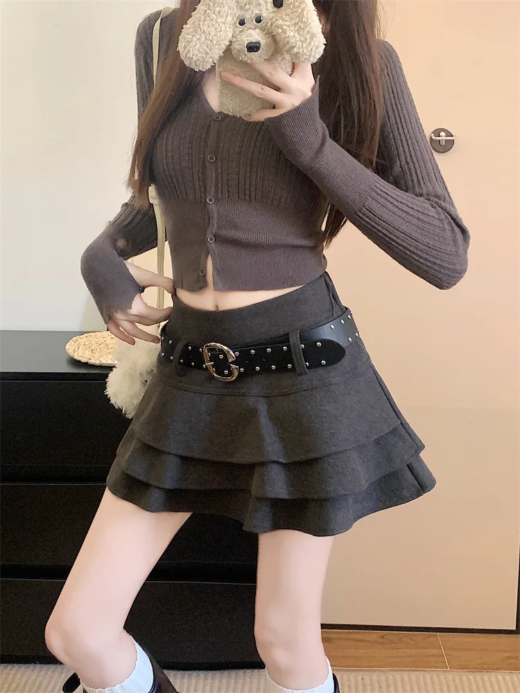 Falda de pastel de lana dulce para mujer, Falda corta plisada de cintura alta con volantes antideslumbrantes, corte en A, otoño e invierno