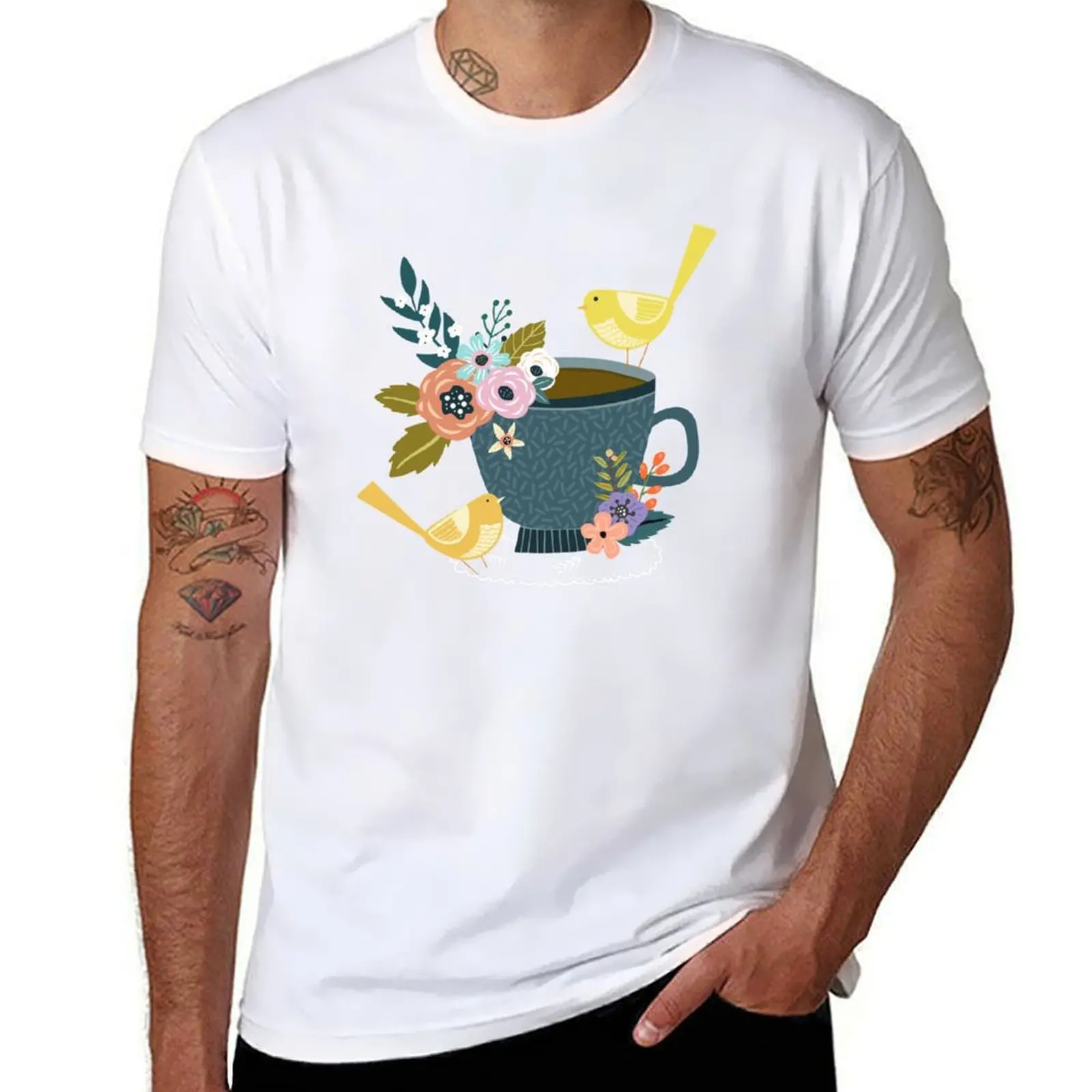 

Twin Finches Tweeting At Tea Time T-Shirt funny t shirts cotton t shirt man luxury T-Shirt