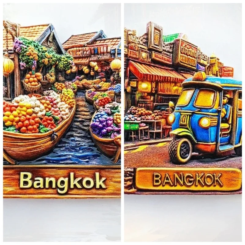 Imán flotante para nevera Bangkok Market & Tuk-tuk, recuerdo 3D de Tailandia, decoración vibrante para vías navegables, regalo asiático único