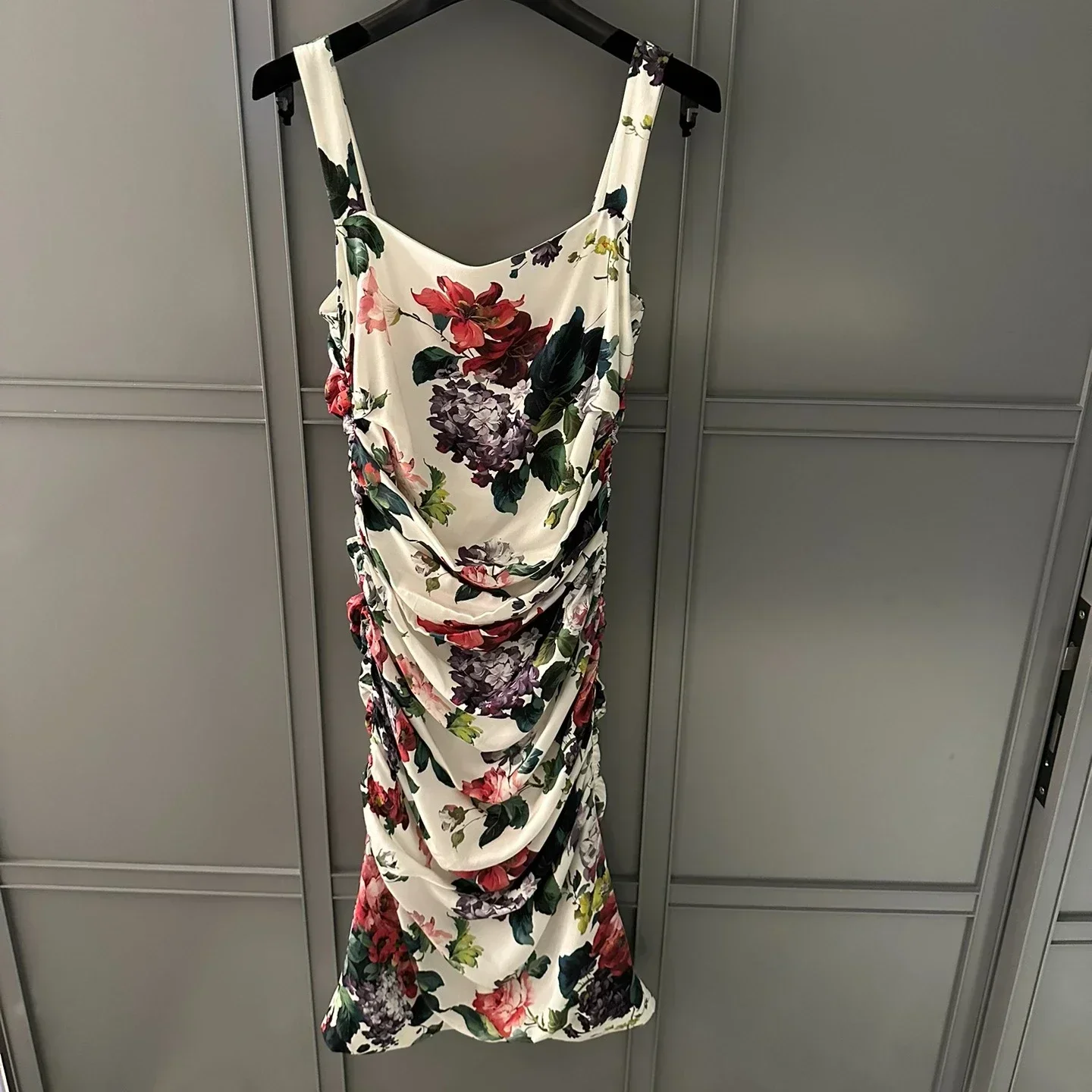 

White Flower Print Sleeveless Square Collar Sling Ruched Knee Length High Quality Dress for Women
