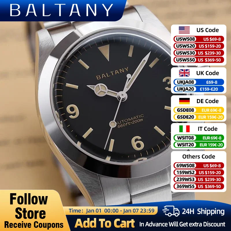 Baltany Vintage Homage Watches 36mm Explorer NH38 Tropical Dial Luminou Hands Sapphire Crystal Brushed Bracelet Sports Watch