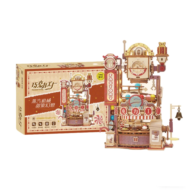 성인을 위한 3D 퍼즐 크리스마스 스타일 나무 모델 키트 초콜릿 공장 DIY 인형 집 키트 음악 조명으로 건축 어린이 선물