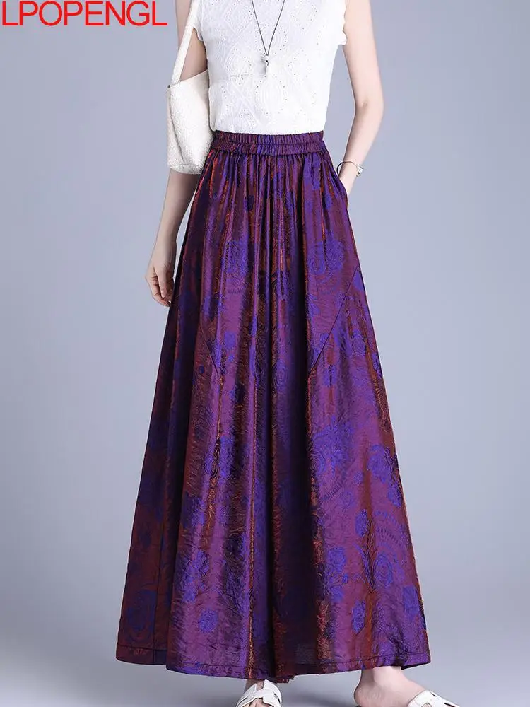 2026 Fashion Chinese Style Jacquard Wide Leg Pants Women Summer New Loose Casual Large Swing Temperament Elastic Waist Trousers