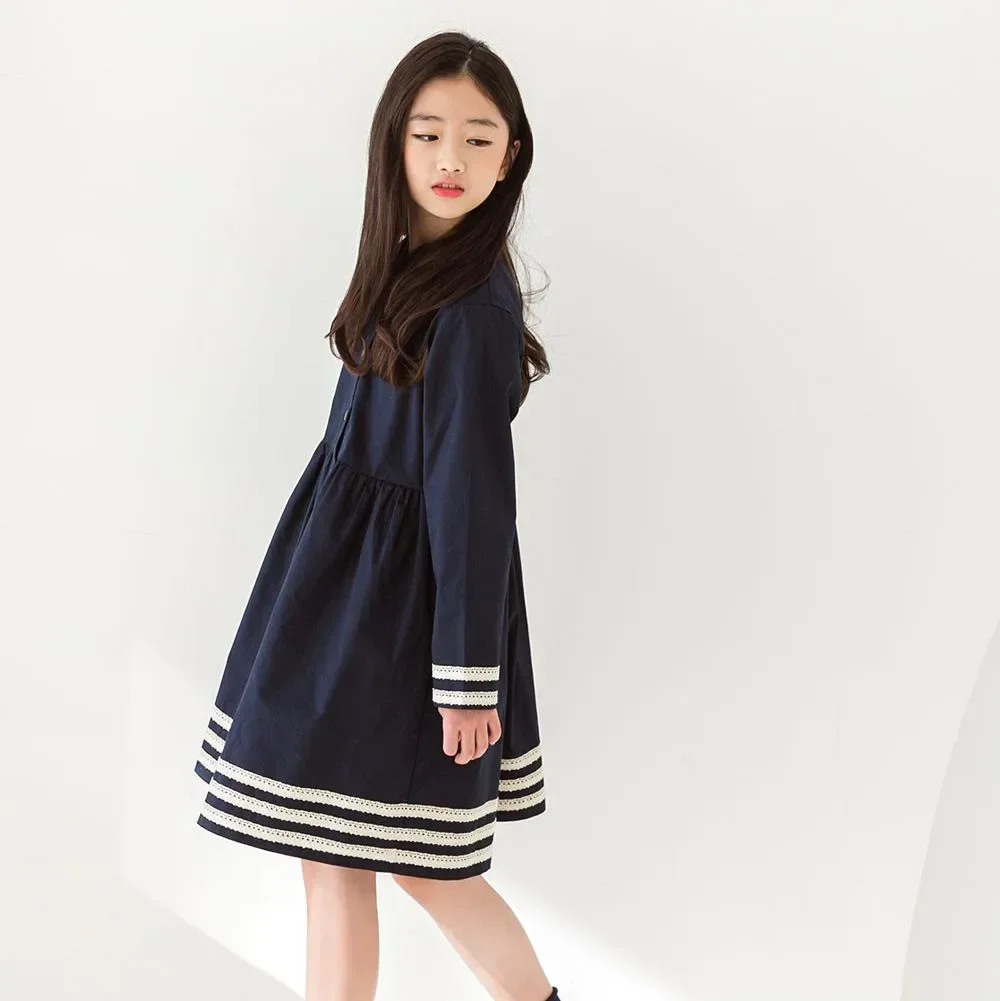 Dress Girl Teenager Elegant Navy Blue Long Sleeve Dress Lace Patchwork Shirt Tops 8 10 12 13 14 years old