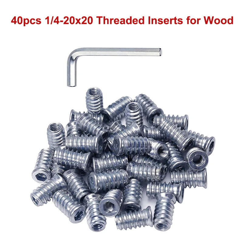 

40Pcs 1/4-20 Hex Drive Threaded Inserts For Wood Blue-White Zinc Nut Insert Carbon Steel 20mm Length Wood Furniture Screw in Nut