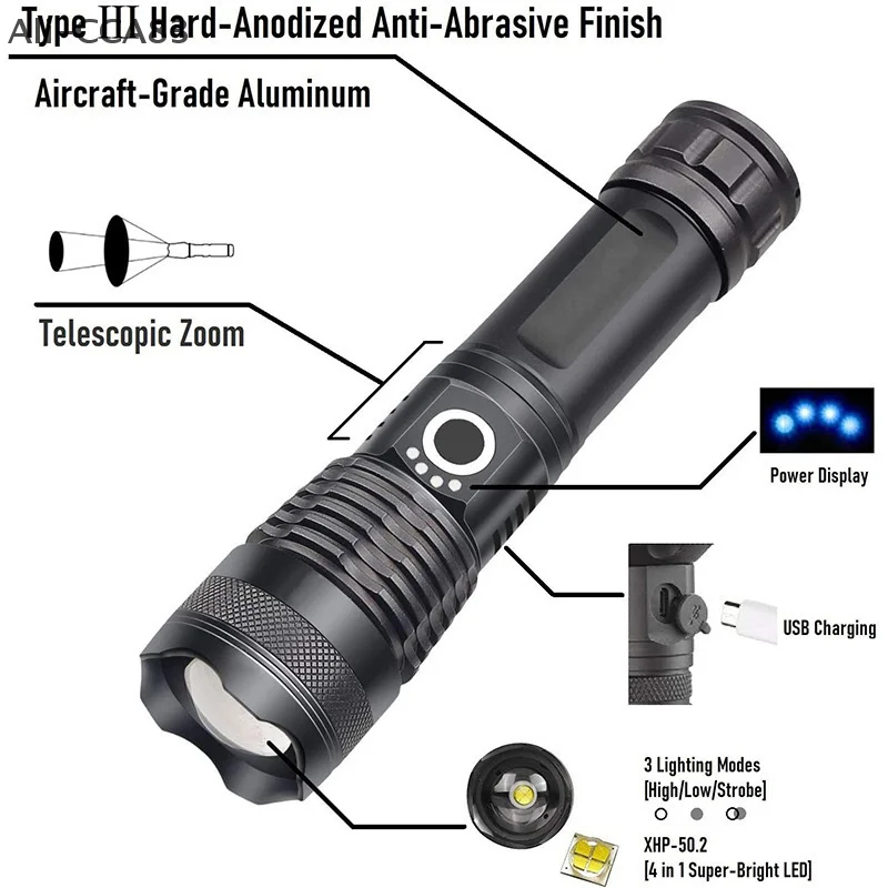 XHP50.2 Led Flashlight With Battery Level Display Rechargeable 4 Core Torch Zoom Usb Hand Lantern For Camping Outdoor Emergency