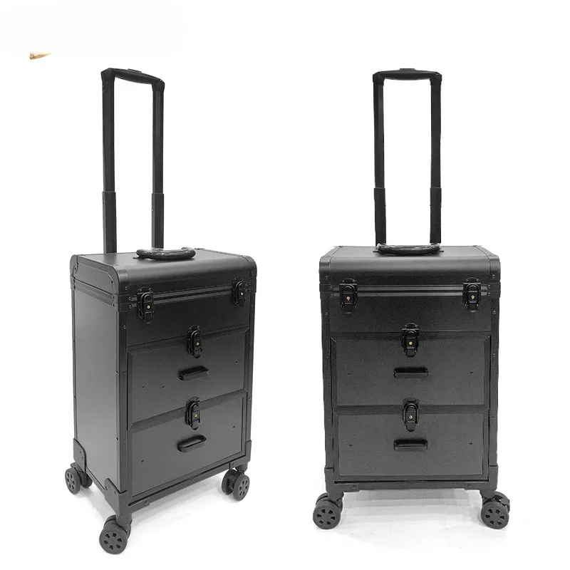 حقيبة مكياج للسفر بشعار شخصي، سعة كبيرة لمستحضرات التجميل من جلد البولي يوريثان، صندوق درج من سبائك الألومنيوم لجمال رموش الأظافر