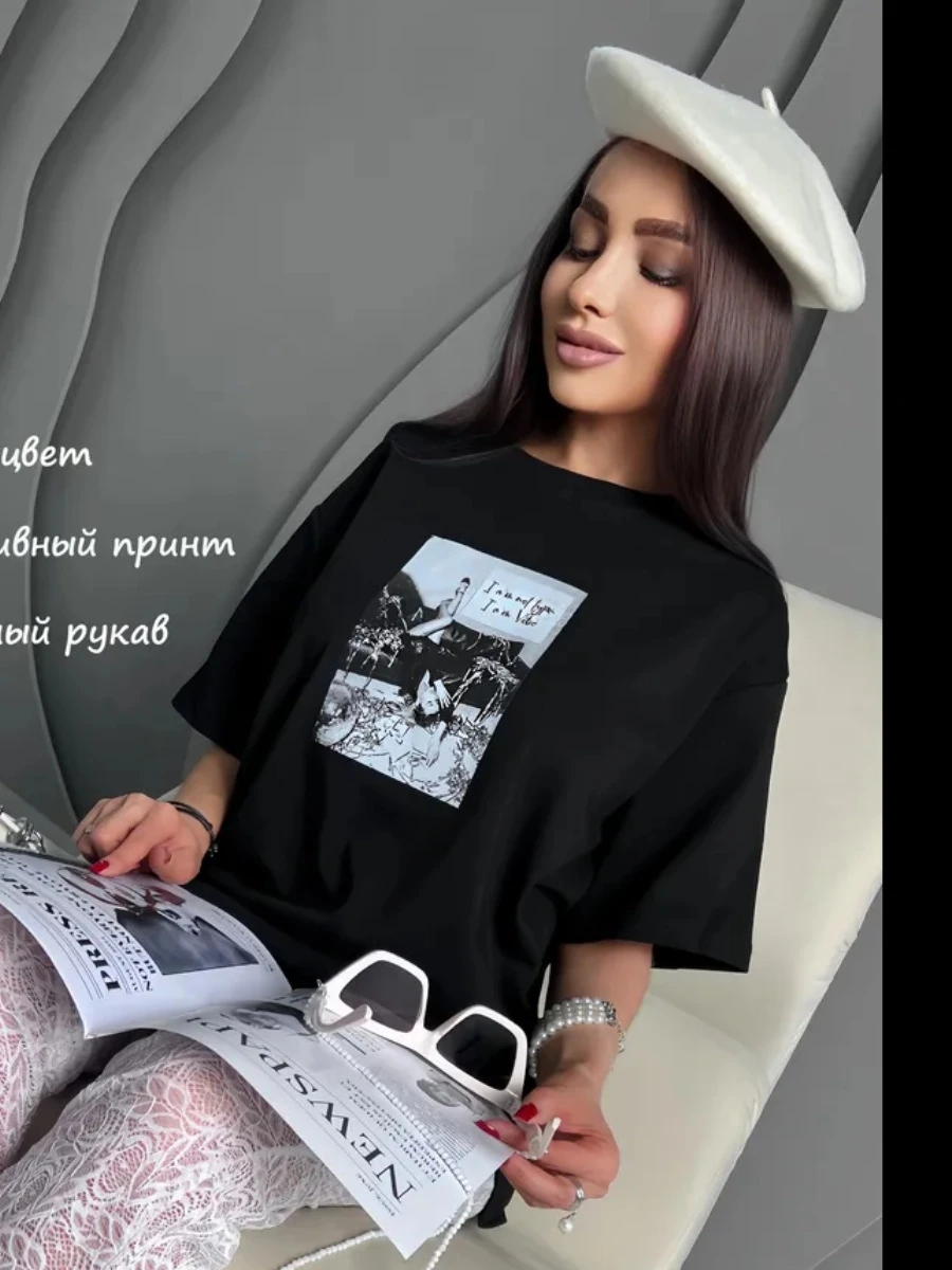 Loose Printed Cotton T-irt Faionable Casual Top Women's Summer ort Sve round Ne Basic Sle Creative Pattern