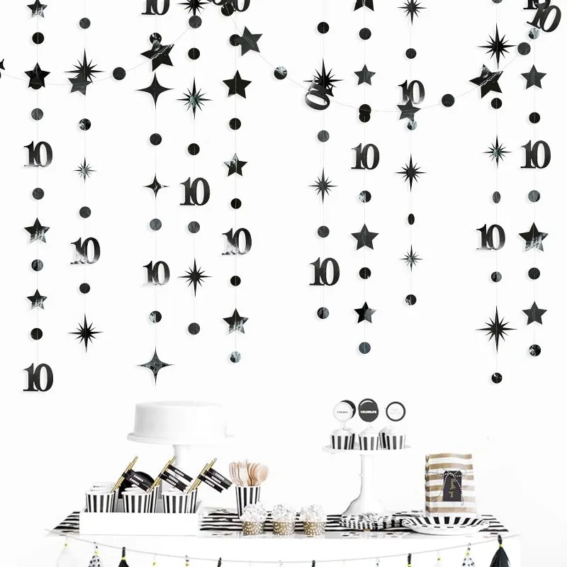 

Золотые украшения на 10-й день рождения цифры 10 точек Мерцающая звезда гирлянда Висячие стрейсеры фон для 10-й фотографий
