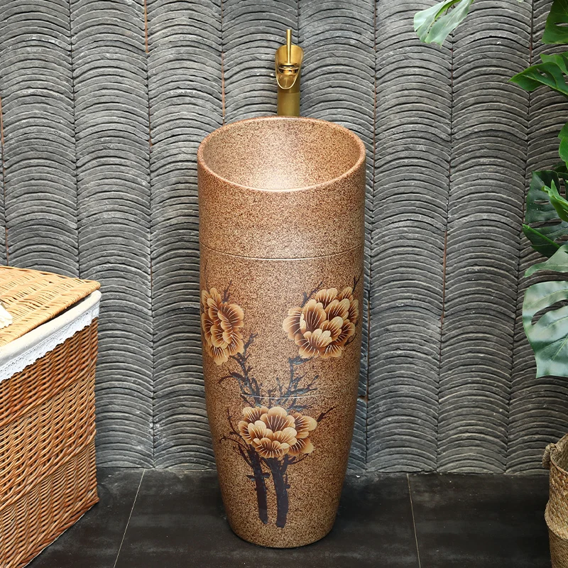 

Chinese style small column style washbasin, retro outdoor hand washing integrated column, courtyard floor to ceiling sink