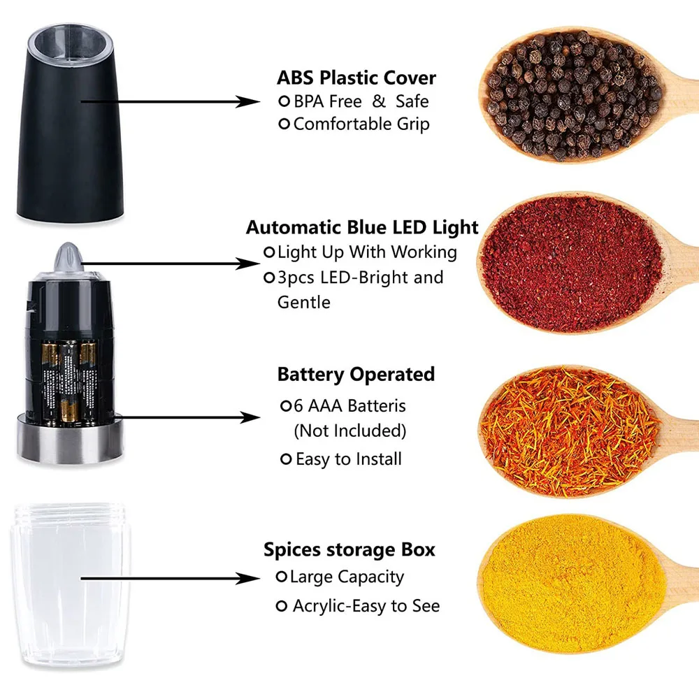 Winholder Gravity Electric Pepper and Salt Grinder Mill Adjustable Coarseness Battery Powered with Blue LED Light