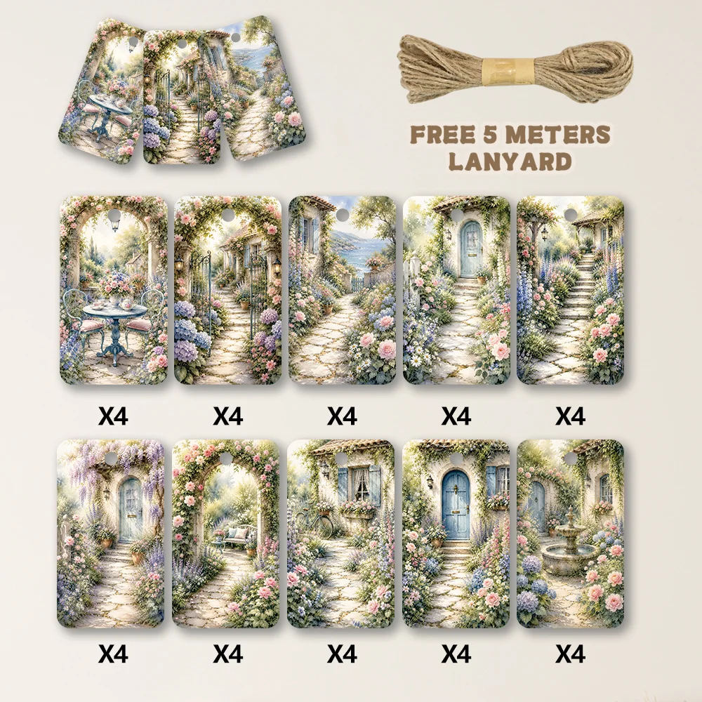 40pcs, Gift Tags, Watercolor Country Garden Art, Hanging Paper Labels for Gift Wrapping, Holiday Party Decor with String
