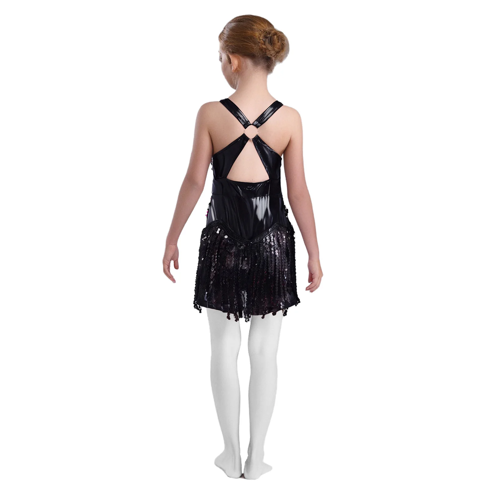 

Kids Girls Fringed Latin Dance Leotard Dress Sparkly Sequins Tassel Skirted Bodysuit Cha-Cha Jazz Street Dance Costume Dancewear