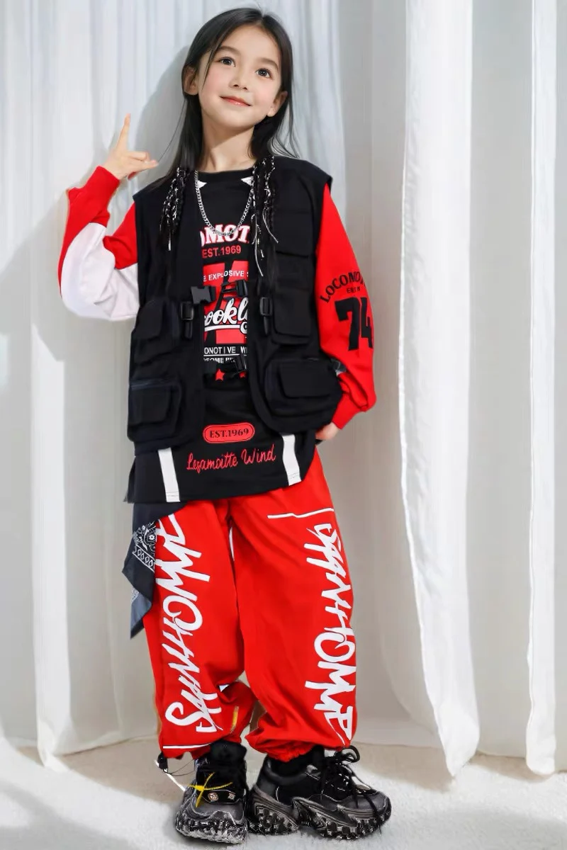 

Children's Red Street Dance Performance Outfits for Boys Hip-Hop Sets Kids Hip-Hop and Jazz Dance Fashion Showwear