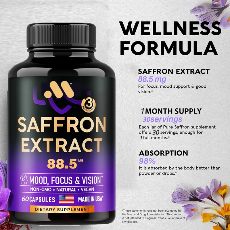 Natural Saffron Supplement Mood | Focus | Vision | Energy Support - Male and Female Eye Health - Non GMO -60 capsules,