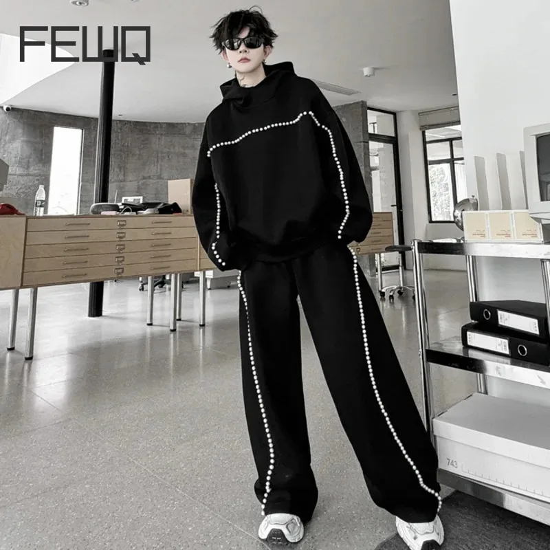 

FEWQ Men's Suit Handmade Nail Bead Hooded Long Sleeved Sweatshirt High Street Male Wide Leg Pants Chic Autumn Trousers 28W4522