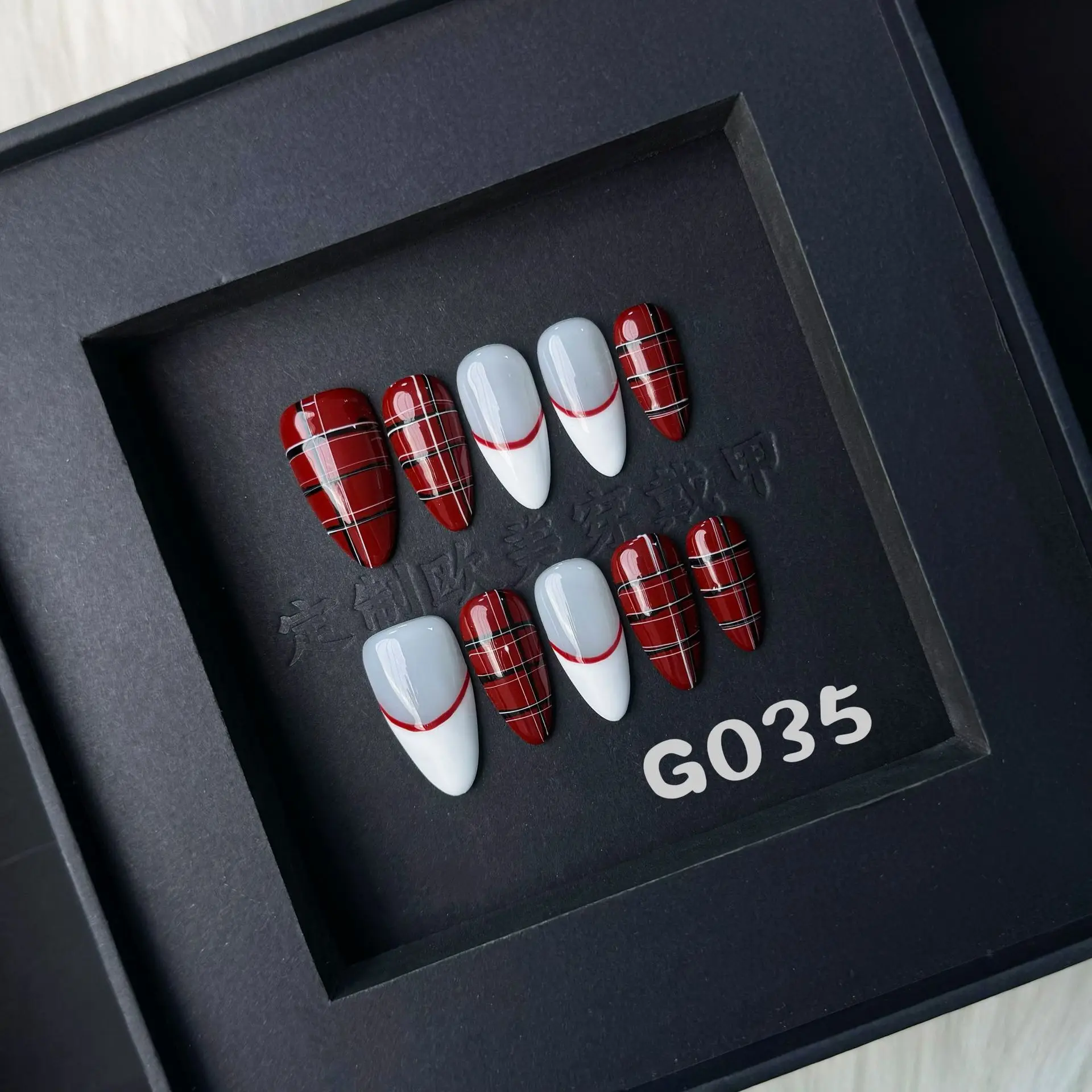 

10pcs Handmade Press on Nails Y2K Almond Red French Check Full Coverage Nail Tips for Women&Girl Removable Wearable Fake Nail