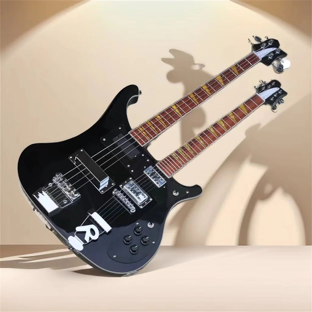 Black 4 and 6 strings double neck Ricken electric guitar with black pickguard Can be customized