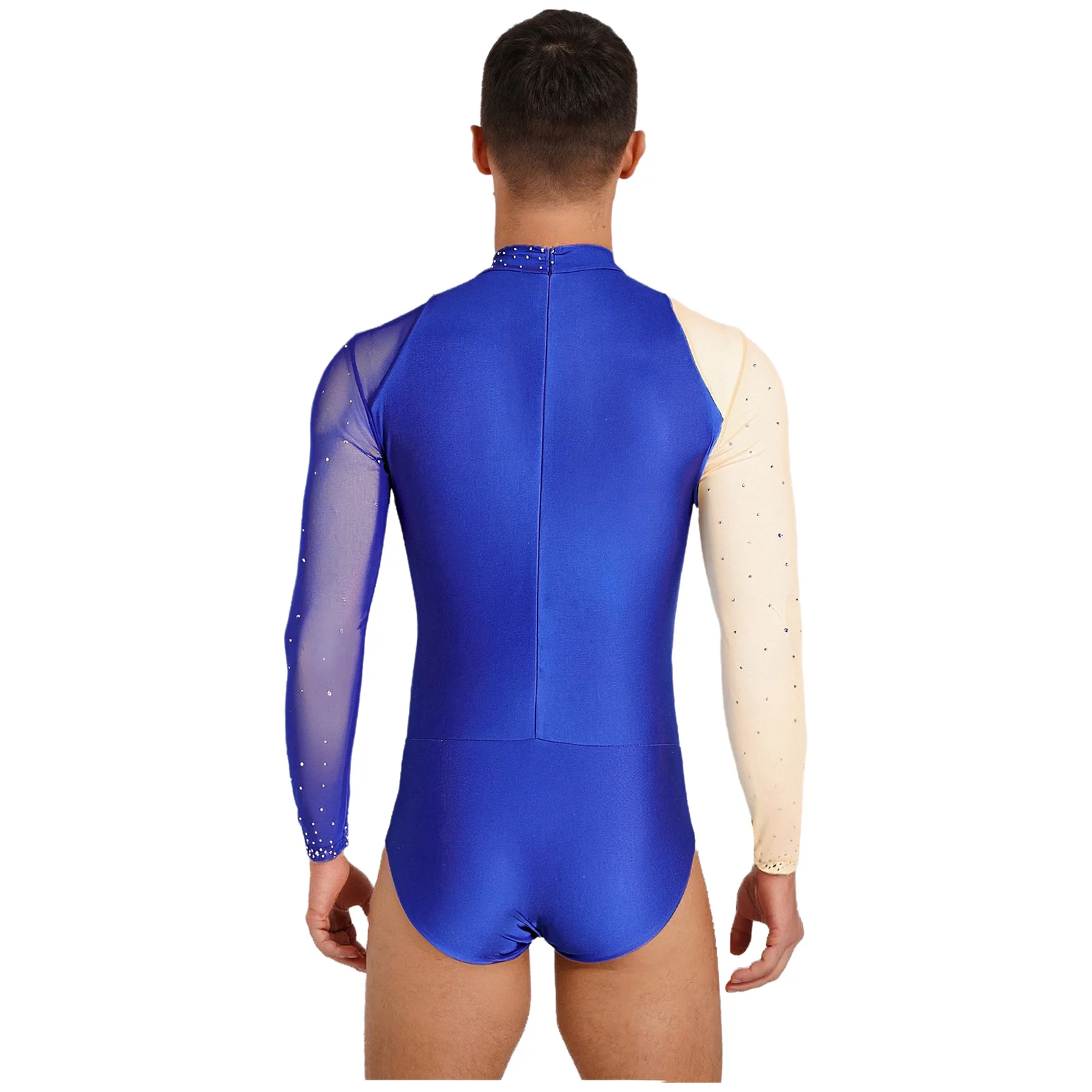 Männer Eiskunstlauf Leistung Trikot Strass Stretch Mesh Zurück Zipper Gymnastic Overall Lyrical Ballett Latin Dance Kostüm