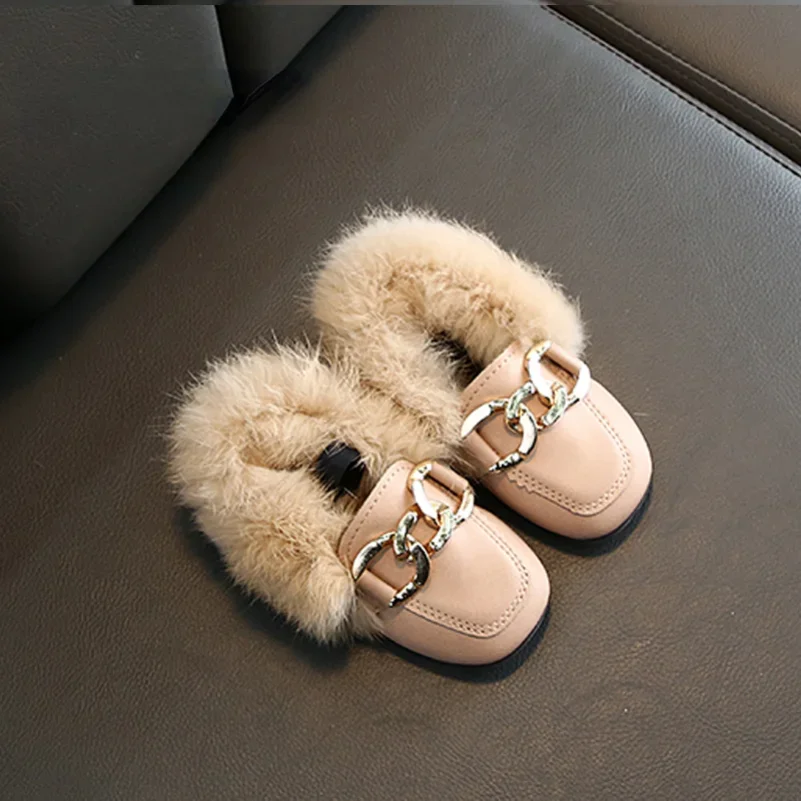 2023 Girls Brand Design Kids Warm Plush Shoes Child Luxury Real Rabbit Fur Mules with Metal Chain and Elastic Band