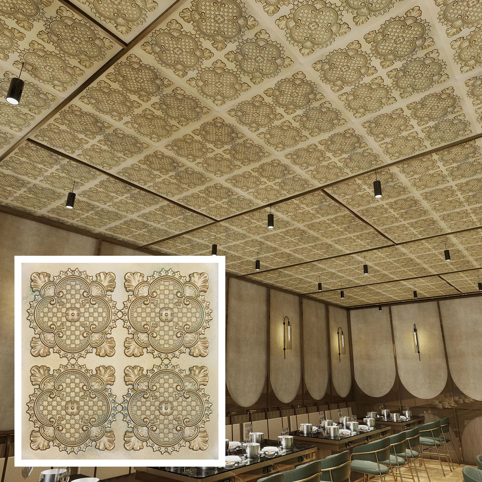 Faux tin ceiling tile 3D embossed wall panels for Barber house PL80 Brass verdigris 10pcs