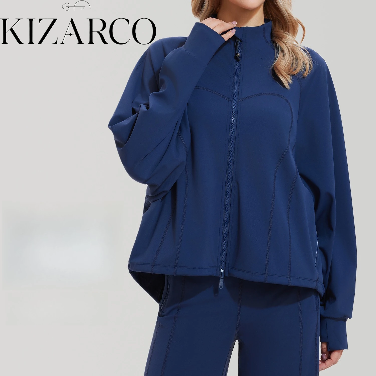 Autumn Athletic Navy Women's Windbreaker with High Waist Running Jacket Breathable Mesh Lightweight Shell Tummy Control