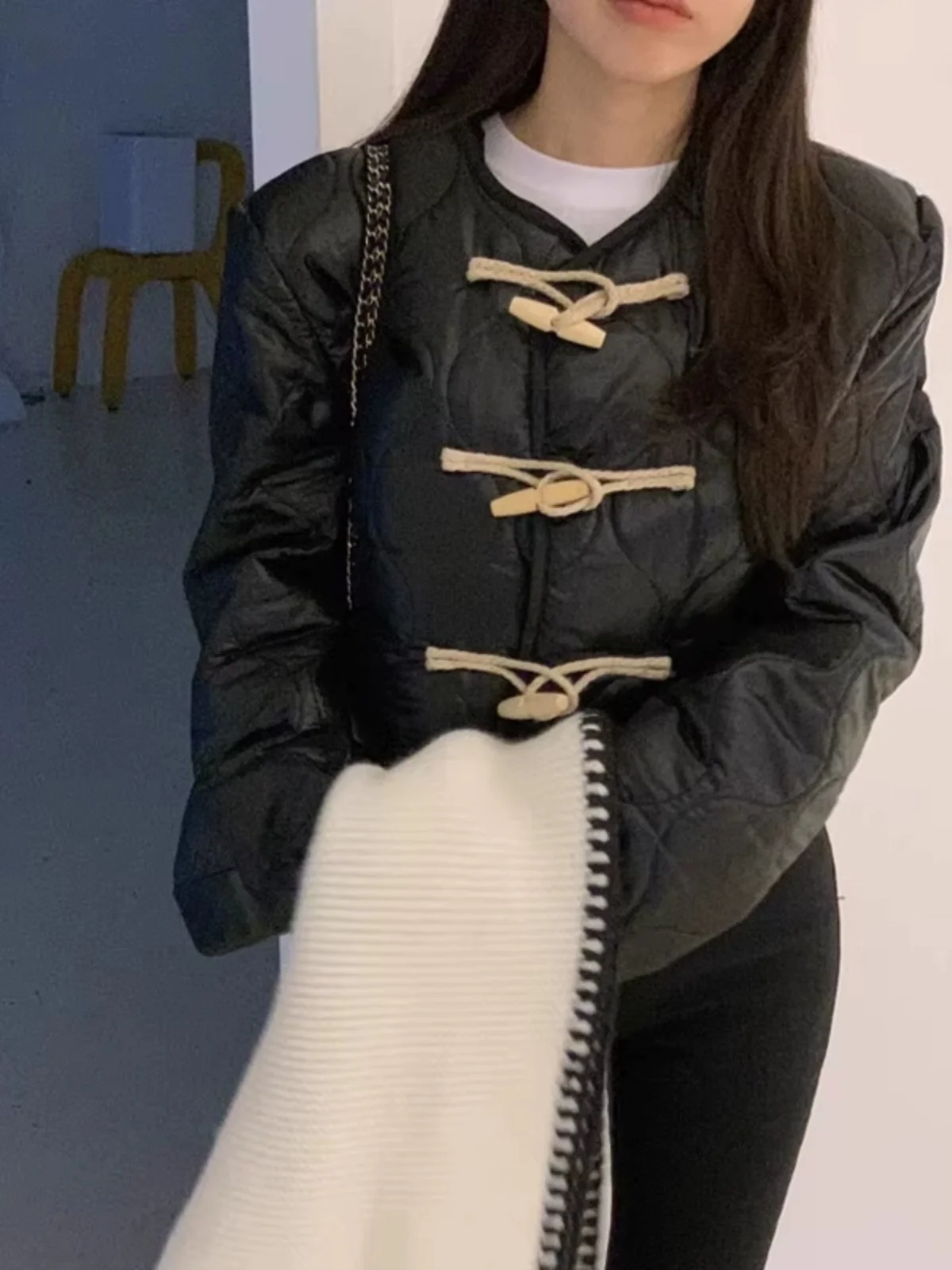 Damen-Jaset-Oberteil aus Baumwolle, Winterwärme, Retro-Knöpfe, koreanisches SLE-Loose-Fit, rundes, langes Sve-Farben-Top