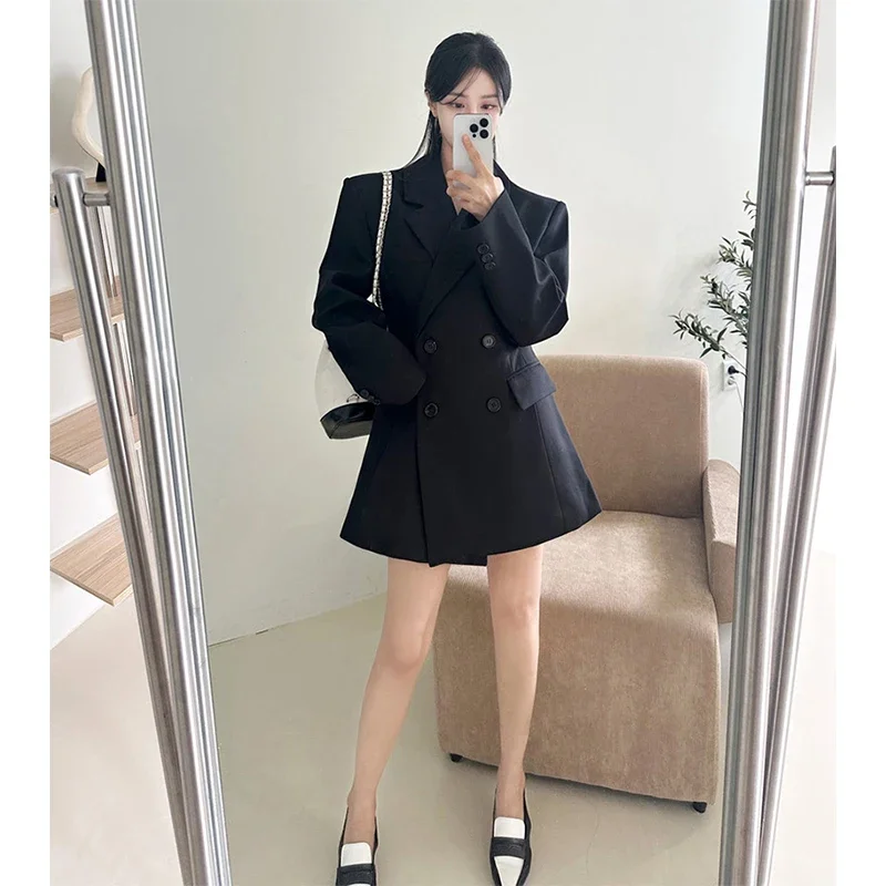 Elegant Black Blazer ผู้หญิงแฟชั่น Double Breasted แจ็คเก็ตหญิงเกาหลีเสื้อแขนยาว Office Slim Commuter Jacket