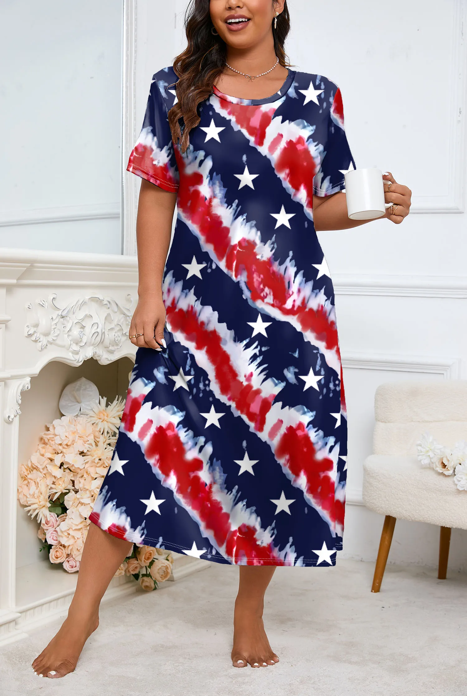 

Ночная рубашка больших размеров с круглым вырезом и короткими рукавами с принтом