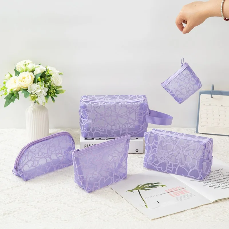 One new style plush embroidered large heart net-sheen makeup bag, storage bag, portable travel makeup and toiletry bag