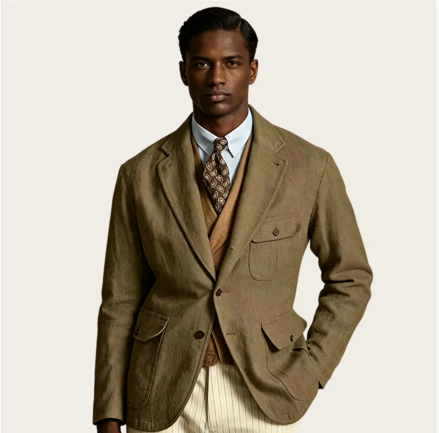 Vintage Men‘s Linen Blend Sport Coat Notch Lapel Slim Fit Multi-Pocket Safari Style Lightweight Casual Jacket Office Daily Wear