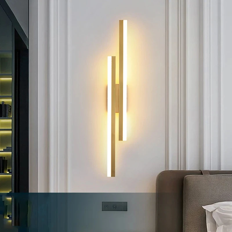 Gold Vertical Double Linear LED Wall Sconce Long Strip Wall Lamp Bedroom Bathroom Corridor Decor Light