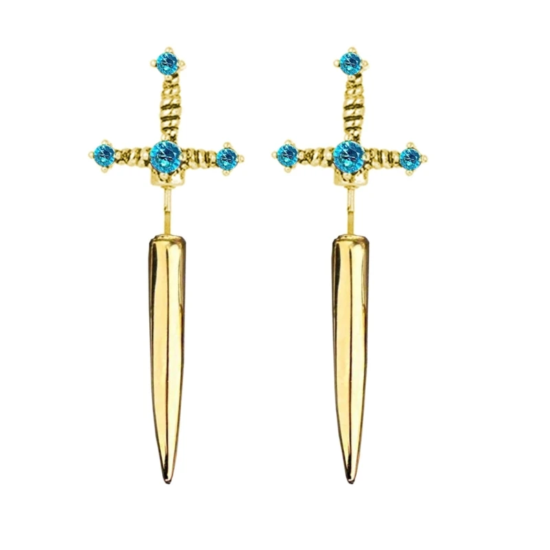 1 Pair Vintage Punk Hip Hop Earrings Multicolor Crystal Dagger- Metal Earrings Gothic Sword- Handle Earrings for Girls