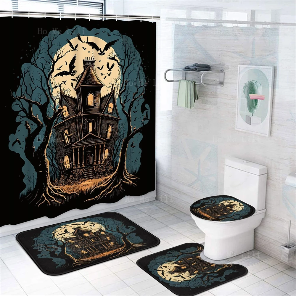 Halloween Castle In Night Pumpkin Lamp All Saints Day Shower Curtain Toilet Lid Cover And Bath Mat