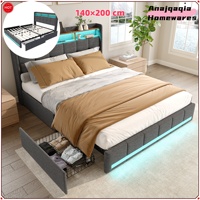 Anajqaqia 140x200 cm Upholstered Double Bed, Drawer Bed with LED Light and USB Charging Port, with 4 Drawers, Linen, Grey