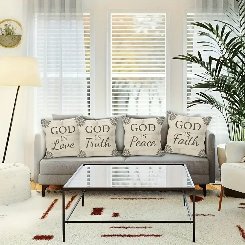 Inspirational 4 Piece Pillow Covers Set God Is Love Truth Peace Faith Printed Polyester Throw Pillows for Boho Christian Home De